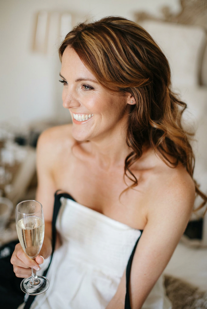 Radiant bride in colour, laughing with a glass of champagne in soft window light